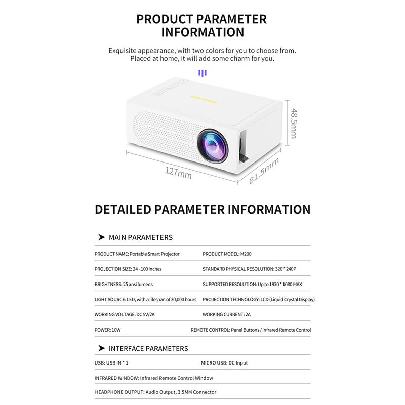 1080P Portable Mini Projector Usb Power Supply For Home Cinema Outdoor Camping Wired Phone Connection 100 Inches Screen Display