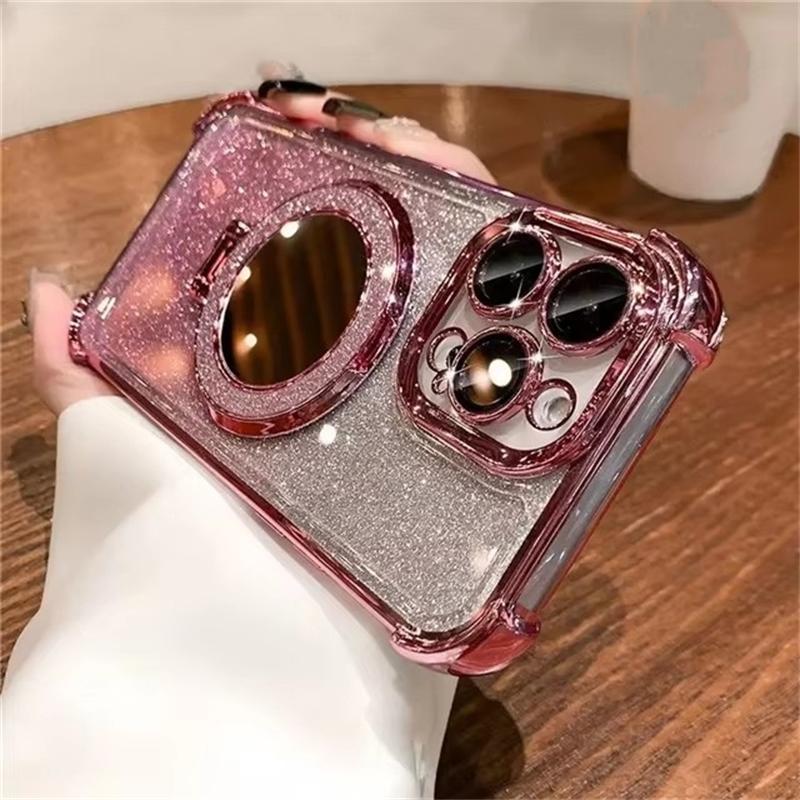 Для iPhone 16 Pro Max Роскошный чехол с рамкой для вспышки и зеркалом, держателем для телефона, защитный чехол для iPhone 11 12 13 14 15 16 Plus