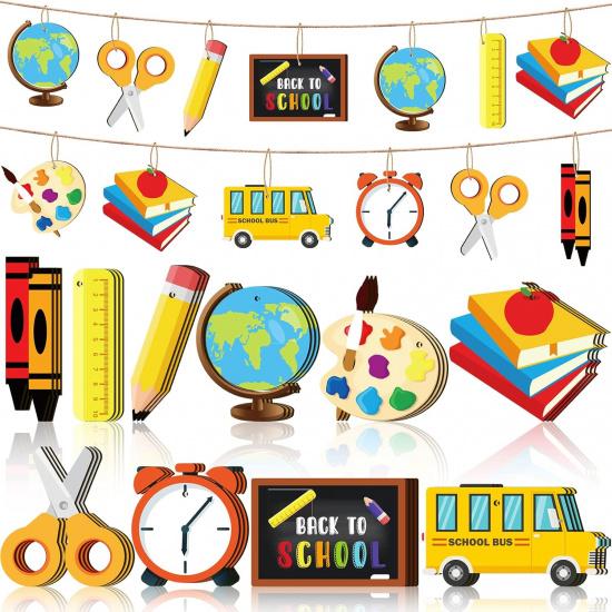 Weysat 30 Pcs Back to School Hanging Decoration First Day of School Themed Wooden Ornament Teacher Appreciation Decor Cutouts Wood Ornament for Party