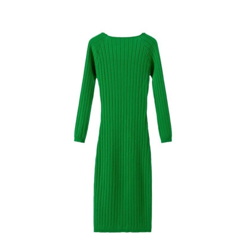 Осенне-зимнее женское платье с длинным рукавом и круглым вырезом, трикотажное длинное платье