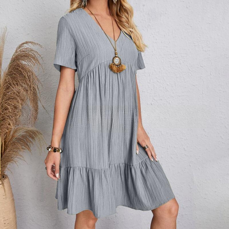 Short Sleeve Fashion Loose Casual Womens Dress Summer Elegant A Line Pleated Solid Plus Size Dresses Women Simple Vintage Vacation Beach Dress 26315