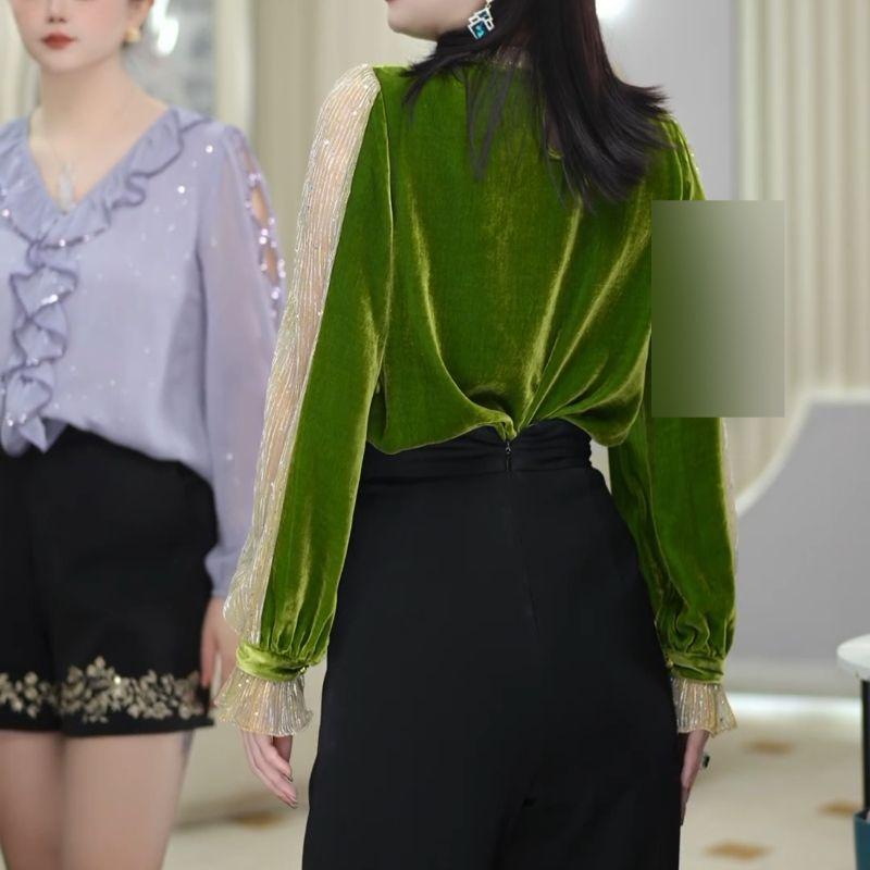 Женские винтажные стильные блузки с сетчатыми вставками, элегантный дизайн с 3D-цветком, рубашки для работы, осенние повседневные топы свободного кроя с V-образным вырезом и длинными рукавами