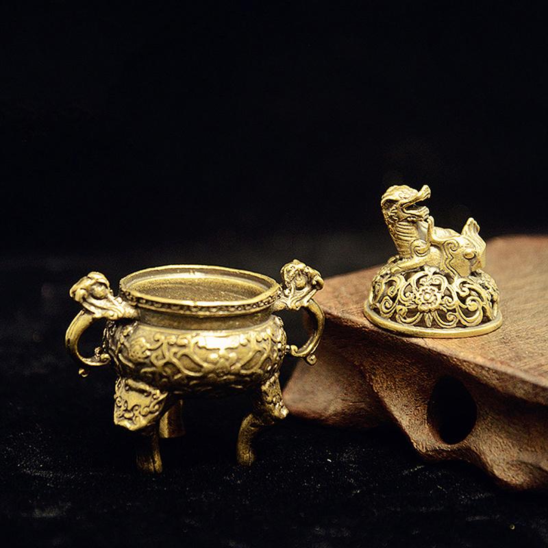 Antique Brass Three Legs Qilin Head Chinese Ancient Beast Censer Solid Copper