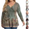 Women's Plus Size Shirt Long Sleeve Print Top Pleated Casual V-Neck Top