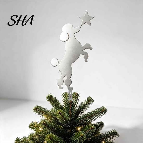 Standing Dog Star Decor Poodle Christmas Tree Topper, Silver Silhouette Durable Metal Decoration, Secure Gift for Owners Plug-in Rod Easy Installation