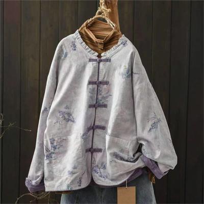 Женские винтажные куртки с цветочным принтом, на пуговицах, пэчворк, с карманами, пальто, осенние свободные куртки в китайском стиле