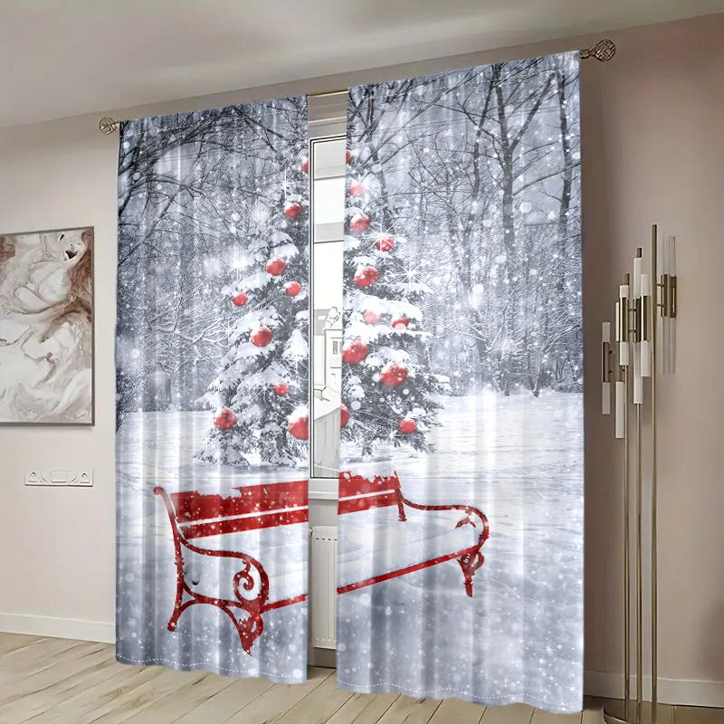 2 шт., красные шторы для табурета с изображением рождественской елки, зимнего снега, -30% затемнения - подходят для гостиной, спальни, домашнего декора