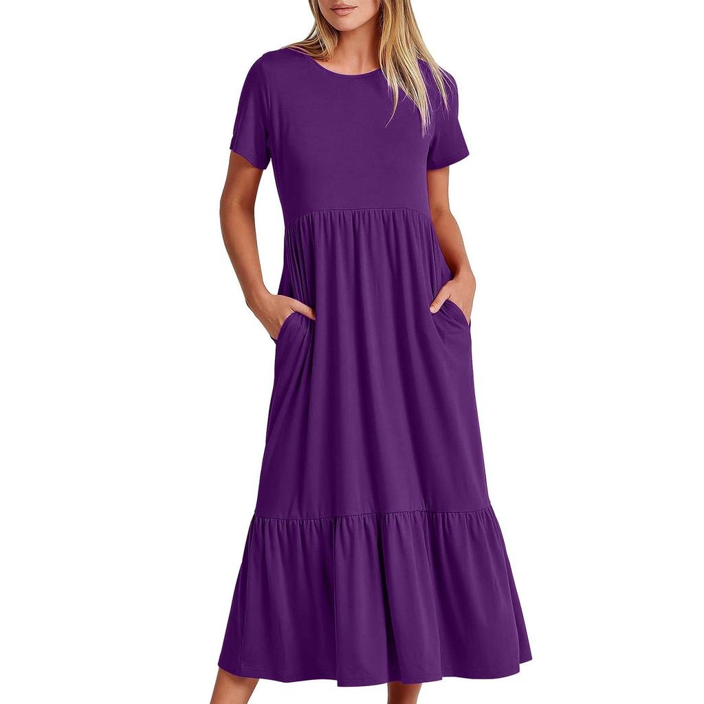 Women's Summer Casual Short Sleeve Crewneck Swing Dress Flowy Tiered Maxi Beach Dress With Pockets