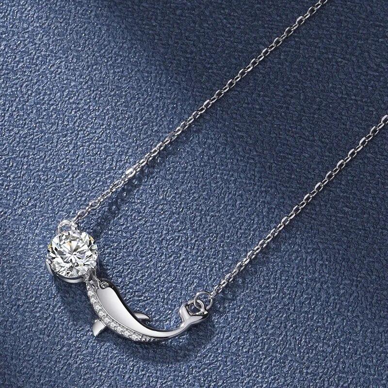 1 Carat Diamond Test Past D Color Moissanite Dolphin Pendant Necklace Silver 925 Original Gemstone Fish Necklace Chain for Girls