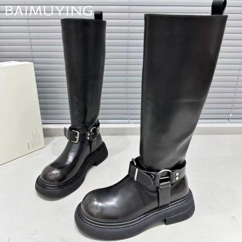 Женские высокие сапоги на платформе, кожаные туфли на плоской подошве, женские, трендовые, зимние, готические, снежные, гладиаторские, панк, до колена, мотоциклетные, ботинки женские