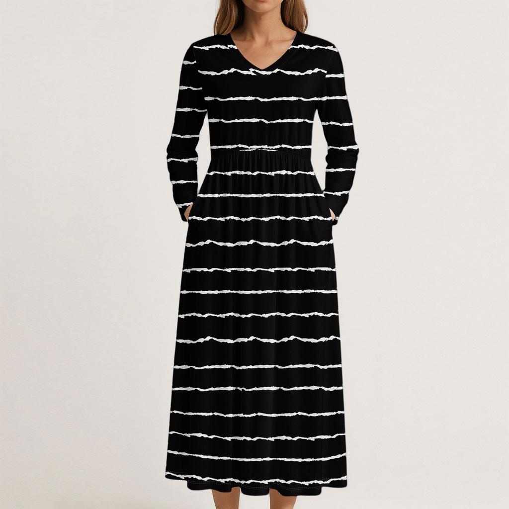 Платье для женщин длинное бохо пляжное платье элегантное макси-платье V-образный вырез длинный рукав платье с карманами