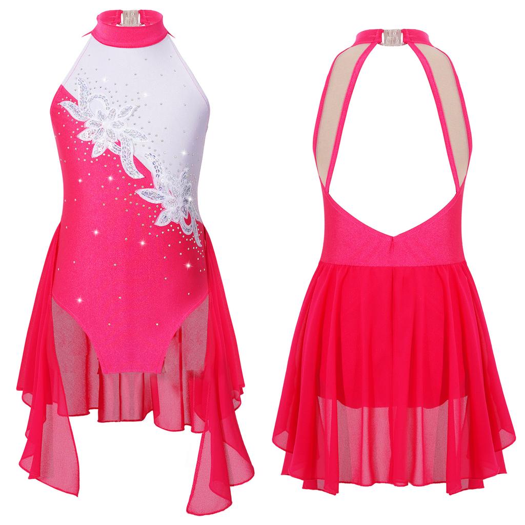 Kids Girls Sleeveless Backless Shiny Rhinestone Sequins Chiffon Dance Dress Gymnastic Skirted Leotard Dance Costume