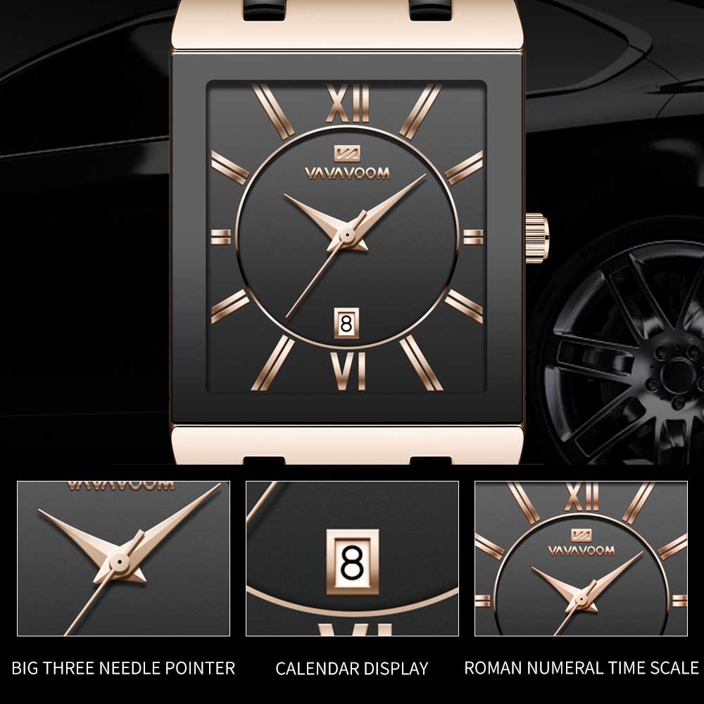 VA VA VOOM Men Watches Fashion Top Brand Luxury White Square Waterproof Quartz Wristwatch Stainless Steel Date Clock Mens Casual Business Watch