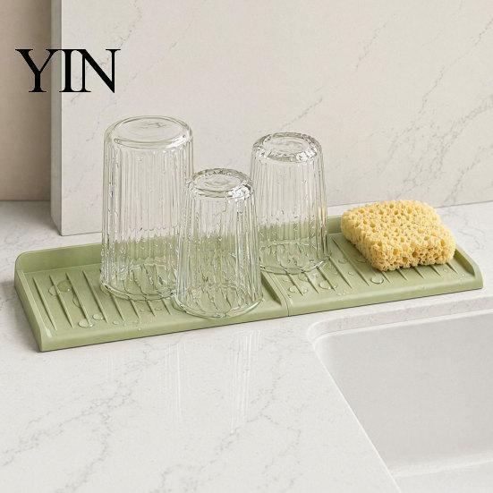 Non-slip Draining Mat Silicone Kitchen Sink Faucet Mat, Foldable Splash Guard with Suction Cup, 5 Degrees Slope Countertop Water for Bathroom Cups