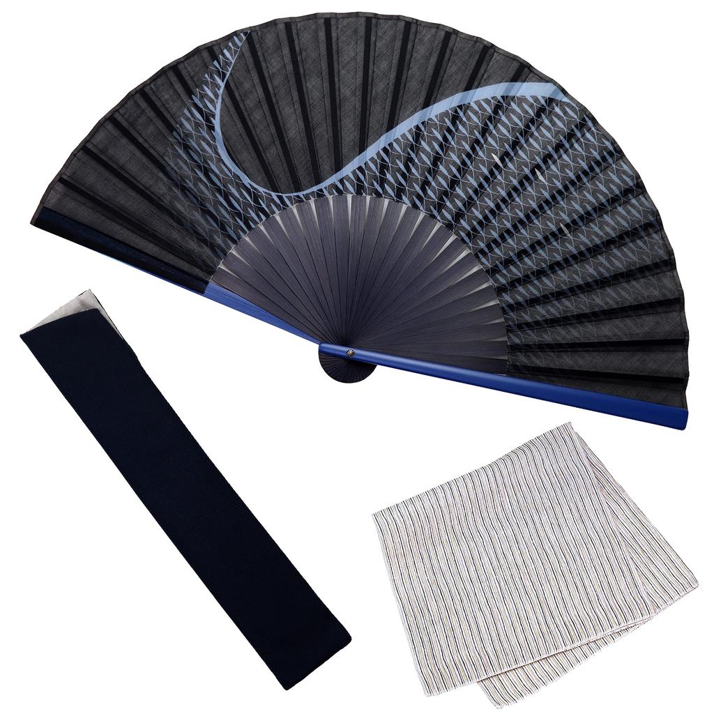 [Osaka Choseido] Men's Stylish Business Fan with Pouch and Handkerchief Set, Fish Gradient Blue