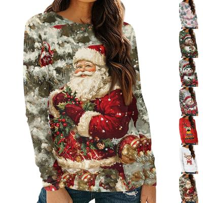 Женские рубашки с длинным рукавом и круглым вырезом, повседневные топы, туники с рождественским принтом, свободные футболки