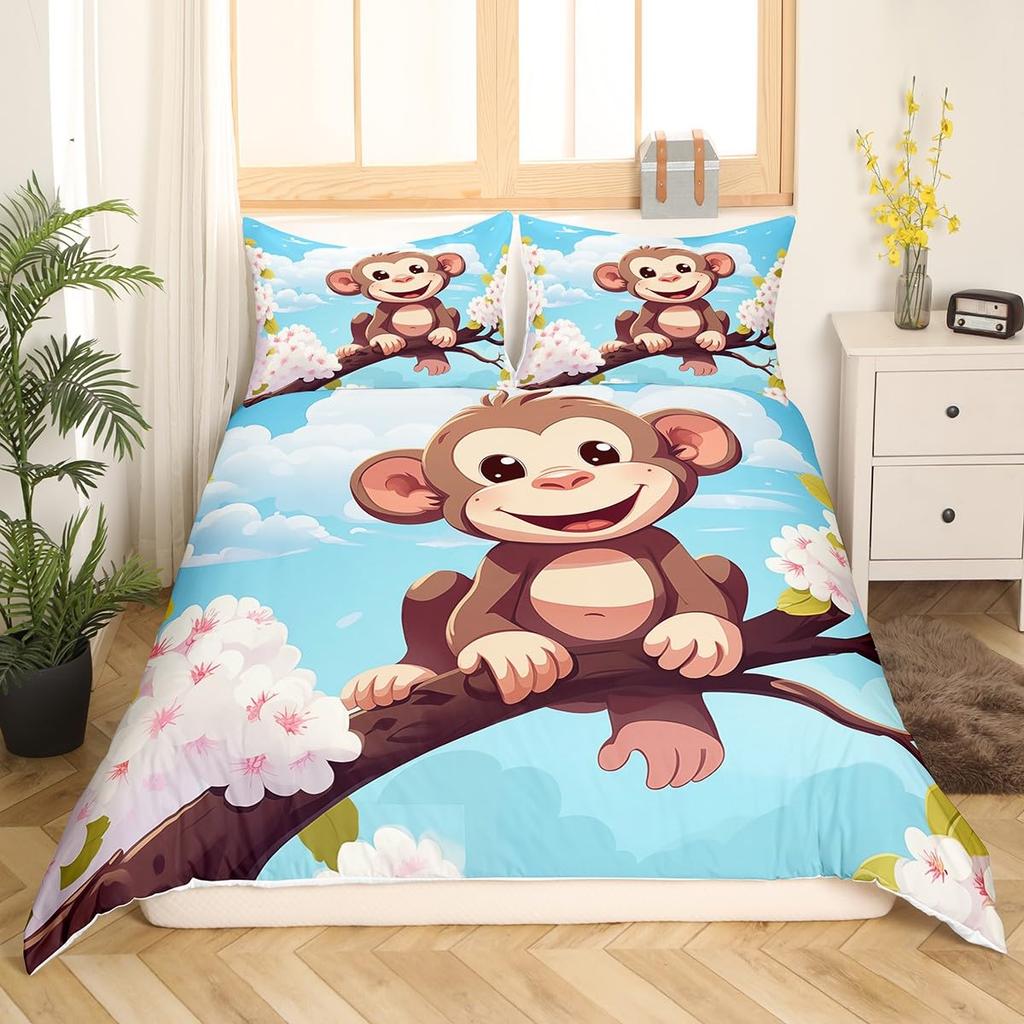 Комплект постельного белья с милой обезьянкой, двойной, с рисунком банана, звезд, пододеяльник с изображением тропических диких животных и фруктов, желтый пододеяльник