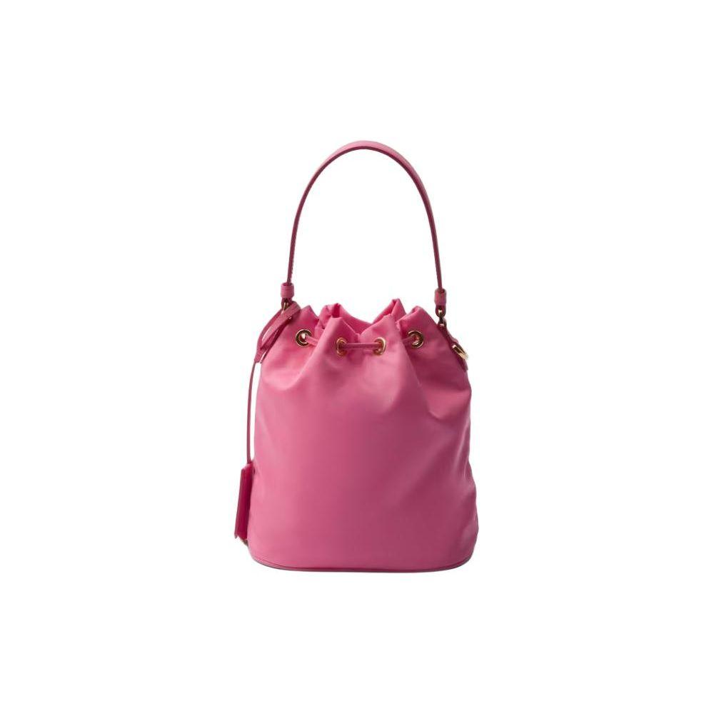 Prada Re-Edition Re-Nylon Enamel Triangle Metal Logo Drawstring Closure Fabric And Leather Bucket Bag Mini Women Bags Coral-Pink 1BE067_R064_F0638