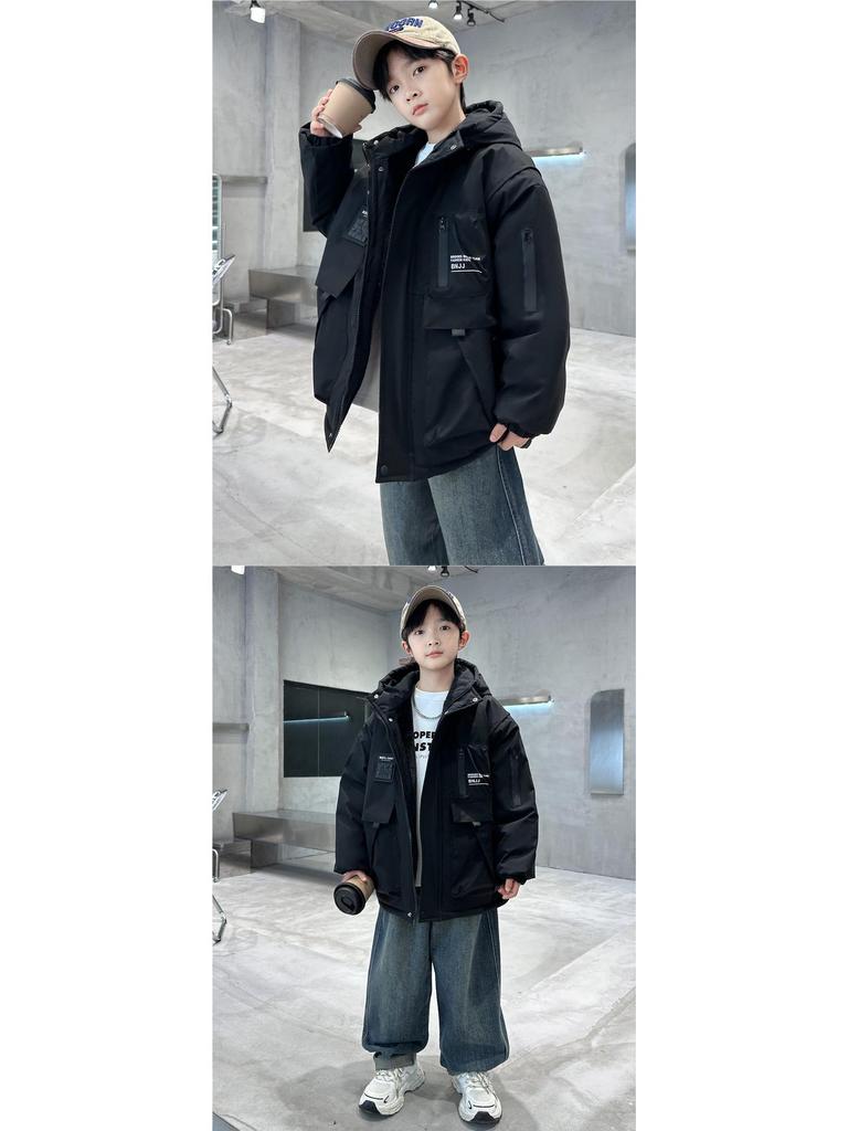 Куртка-ветровка стеганая с капюшоном для мальчиков 2025: Стильный повседневный топ на осень/зиму для мальчиков-подростков