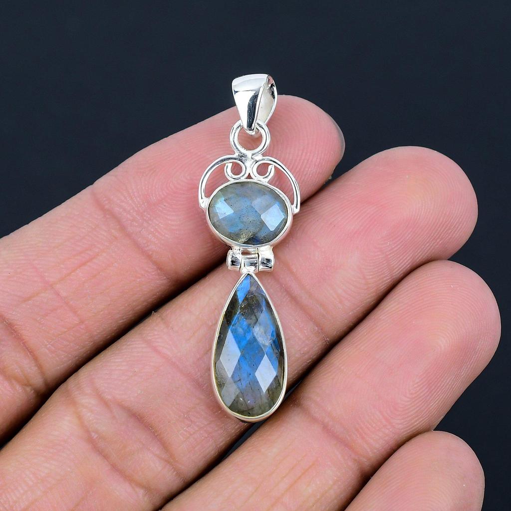 Подвеска из натурального лабрадорита, серебро 925 пробы, драгоценный камень грушевидной формы, подвеска из двух камней ручной работы, ювелирный подарок на День святого Валентина