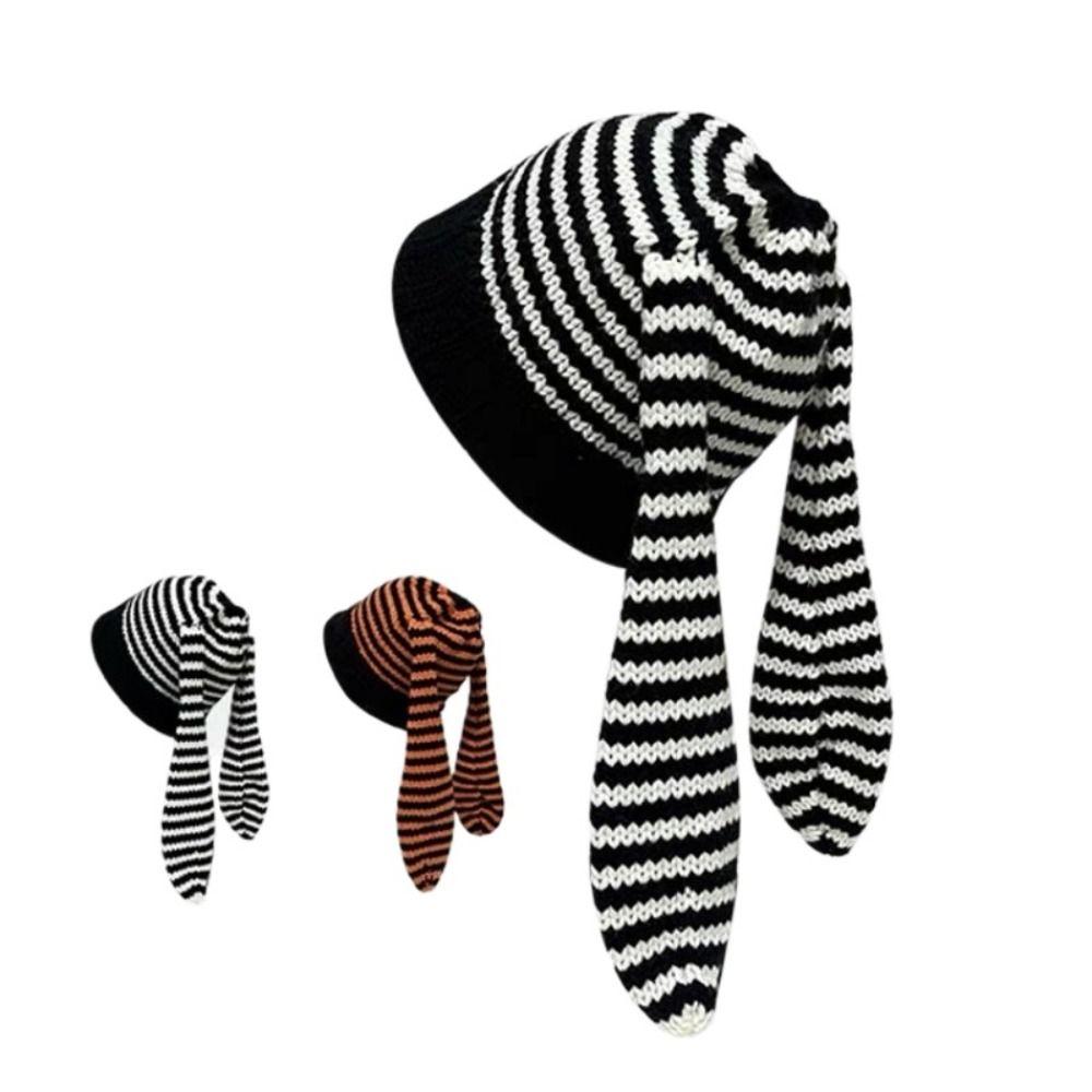 Harajuku Women Beanie Hat Y2K Stripe Skull Cap Casual Rabbit Ears Hat Outdoor