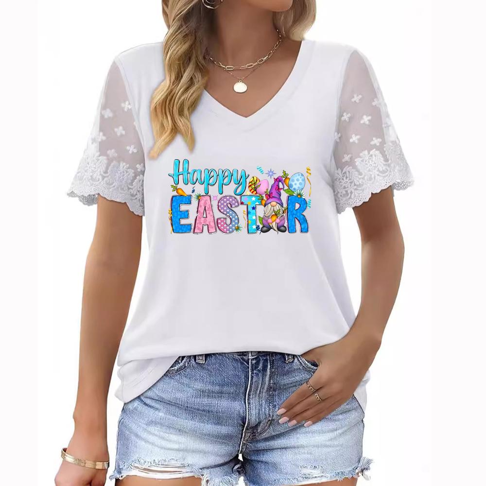 Модная женская футболка больших размеров с V-образным вырезом, короткими рукавами и кружевными вставками на лето