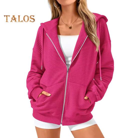 Осень-зима Женское пальто с капюшоном, застегивающееся на молнию, с капюшоном, длинными рукавами, однотонными карманами, утолщенная спортивная куртка, свободная повседневная одежда, школьное пальто