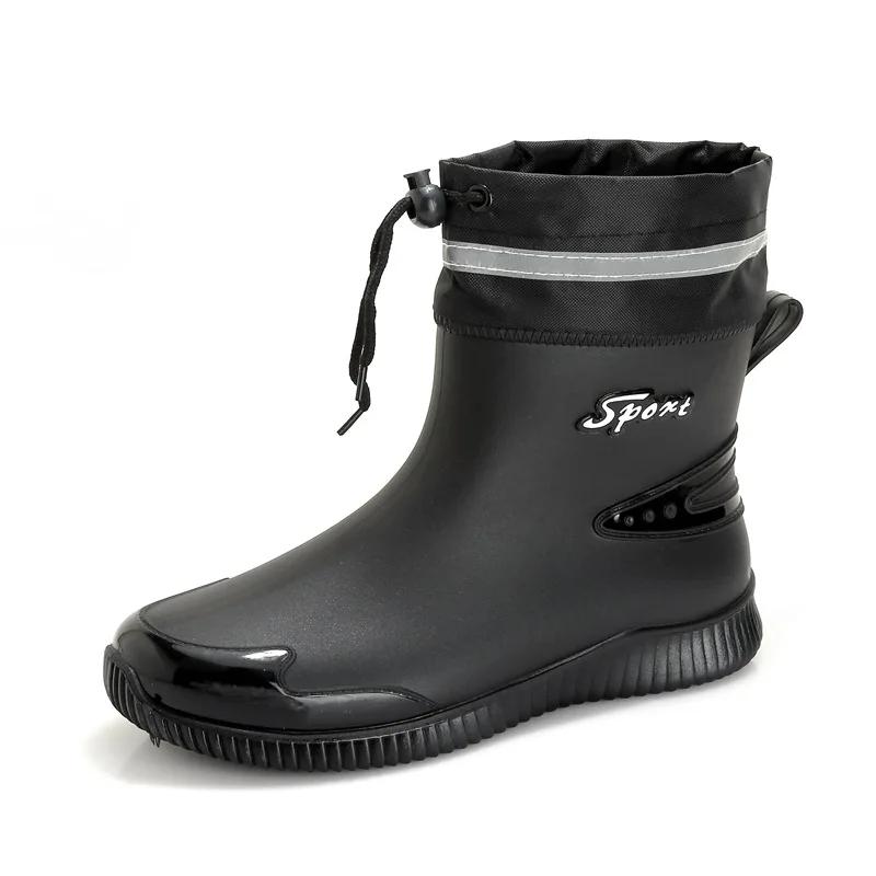 Черные мужские резиновые сапоги весна-осень мужские ботильоны водонепроницаемые для рыбалки болотная обувь автомойка рабочая обувь слипоны пластик 2024