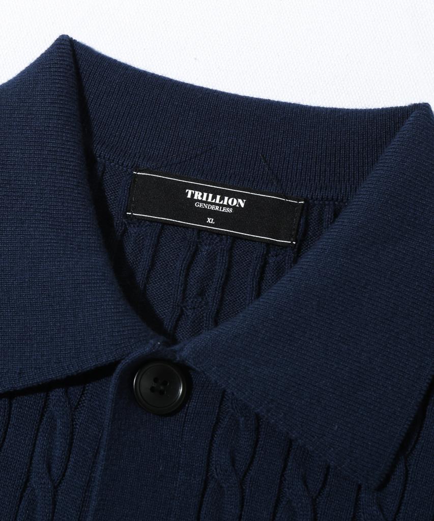 TRILLION Washable Cable Half Sleeve Button-Up Knit (Navy)
