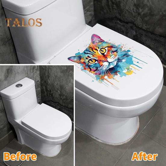 Цветной рисунок наклейка на унитаз с котом, водонепроницаемая, съемная, самоклеящаяся, ПВХ, настенное искусство для гостиной, ванной комнаты, акварель, котенок, декоративная наклейка на крышку унитаза