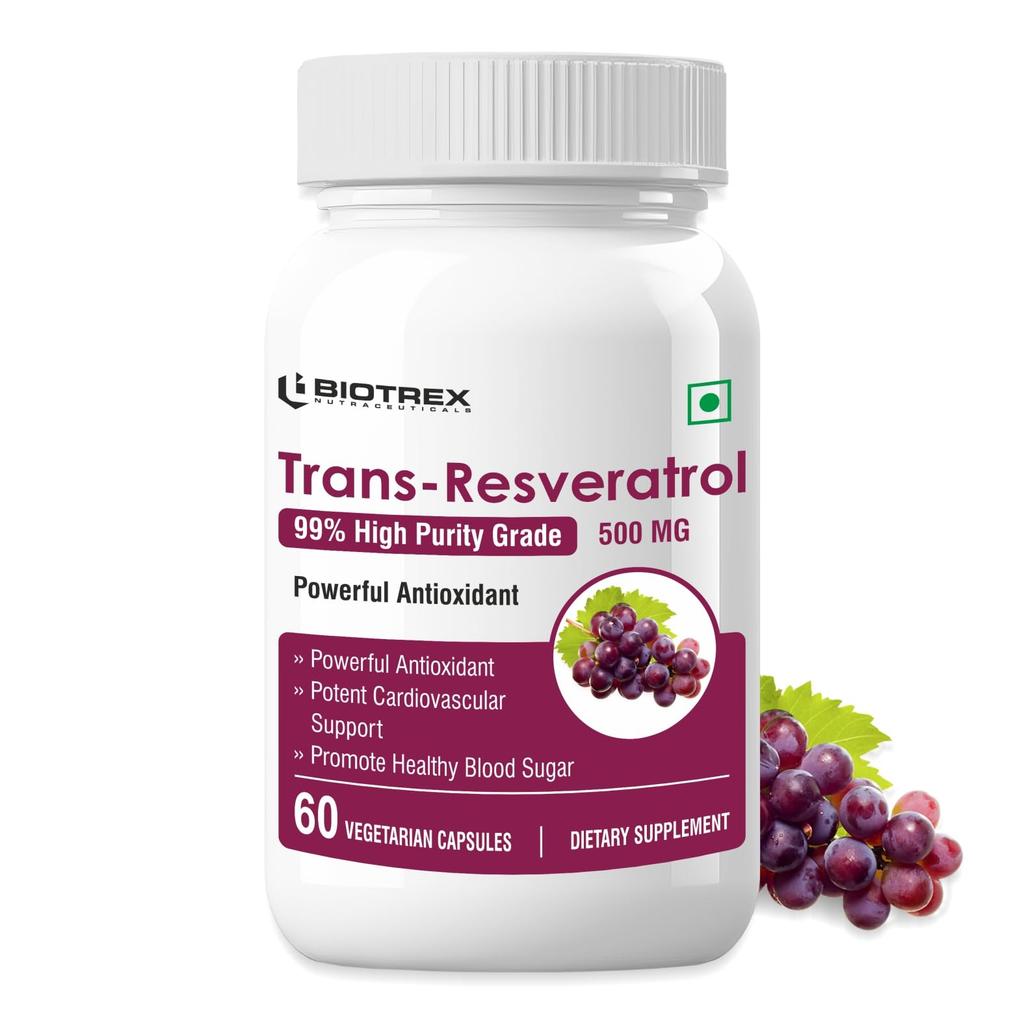 Biotrex Nutraceuticals Транс-ресвератрол 500 мг | 99% Высокая степень чистоты | Экстракт виноградной кожуры | Поддерживает уровень сахара в крови и здоровье сердца | 60 капсул
