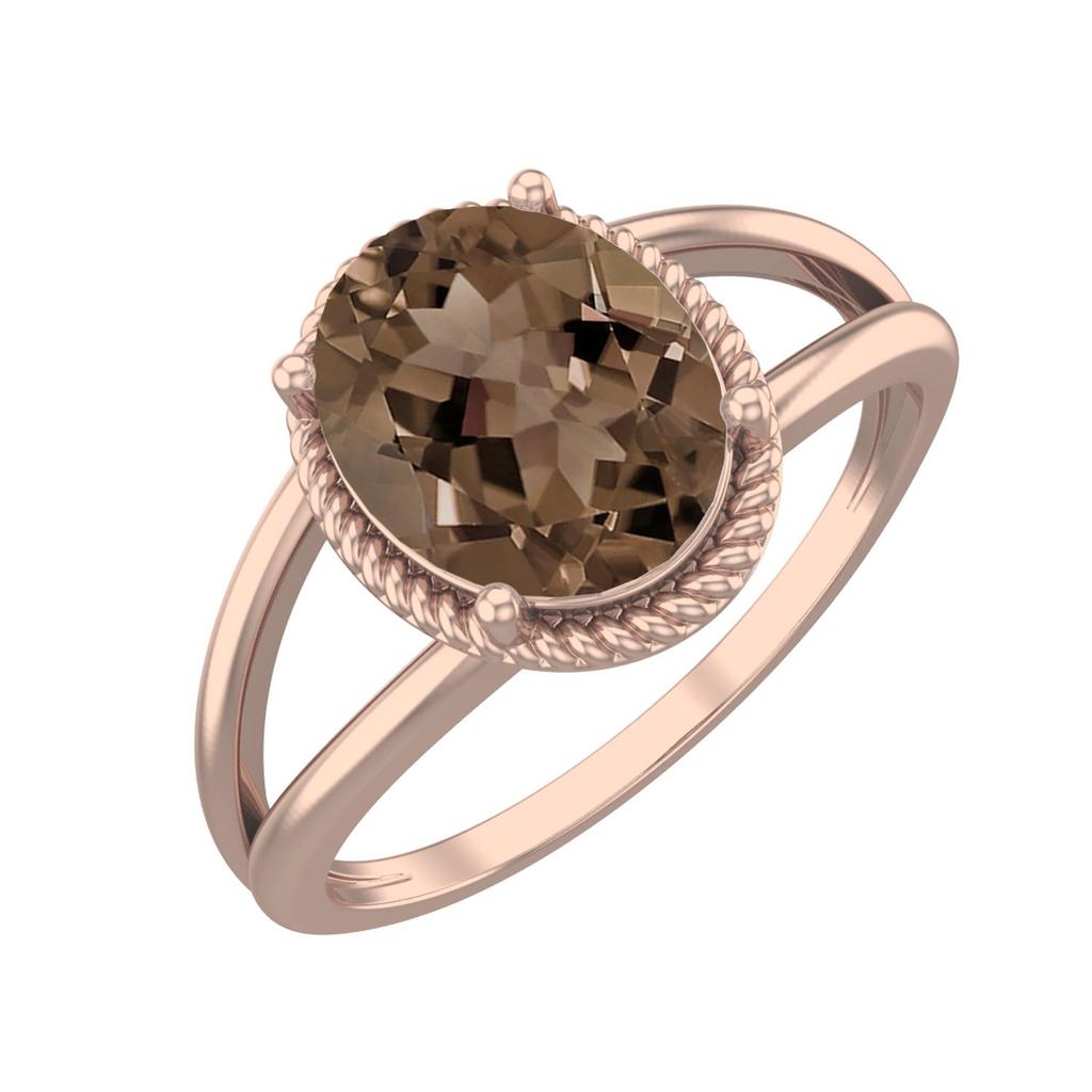 9X7MM Oval Smoky Quartz 925 Sterling Silver Rose Vermeil Solitaire Split Shank Women Wedding Ring