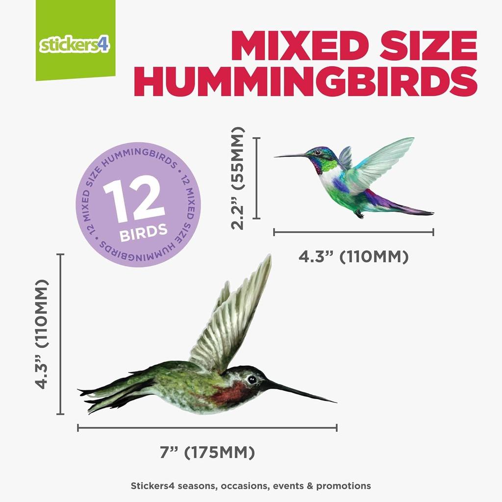 12-Pack Hummingbird Window Clings - Lifelike, Colourful Decals to Prevent Bird Strikes -Double-Sided for Bird Window Strike Prevention - Stop Birds