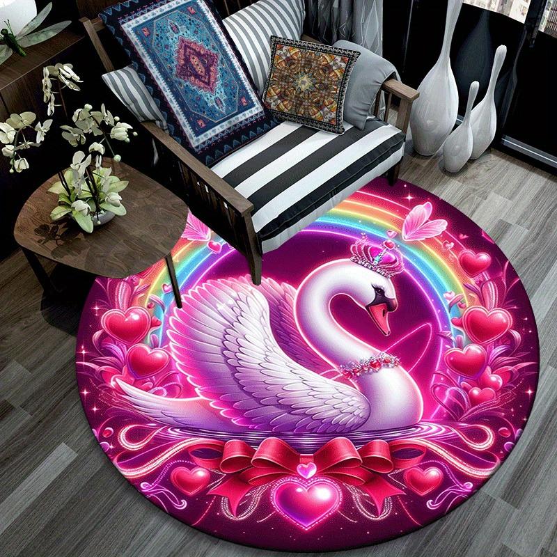 1pc Soft, Absorbent & Non Slip Pink love swan and rainbow Round Rug Soft Circle Rug for Living Room & Bedroom Decor, Chair Mats, and Unforge