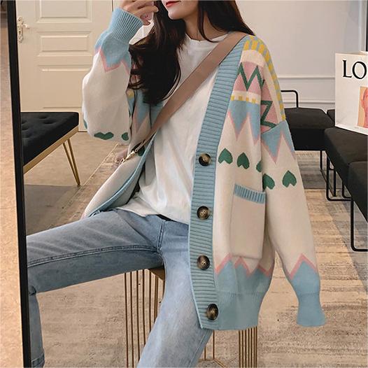 Женский кардиган оверсайз с принтом в виде сердечек, милый мягкий тонкий вязаный жакет с v-образным вырезом и пуговицами, винтажный кардиган для женщин