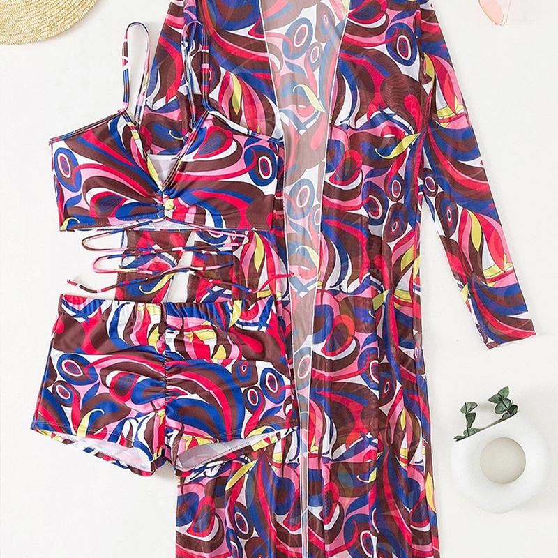 Женский купальник с высокой талией, комплект бикини из трех частей, женский купальник с длинными рукавами, пляжные купальные костюмы