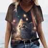 Cute Kitten Women's T-Shirts V-Neck Short Sleeve Harajuku Tshirts Summer Woman Fashions Tops Loose Casual Clothing Kawaii