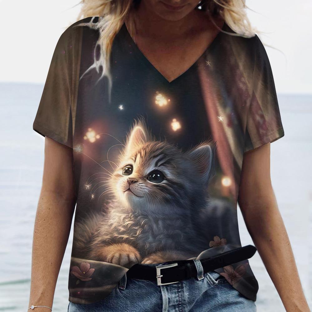 Cute Kitten Women's T-Shirts V-Neck Short Sleeve Harajuku Tshirts Summer Woman Fashions Tops Loose Casual Clothing Kawaii