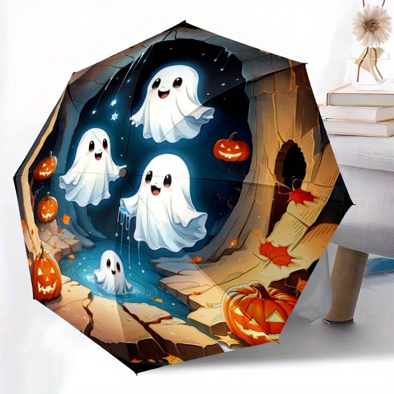 1pc Cute Ghost Pumpkin Fully Automatic Folding Portable Umbrella, 8 Iron Frames, Three-Fold Design, Suitable for All Seasons, Suitable for Outdoo
