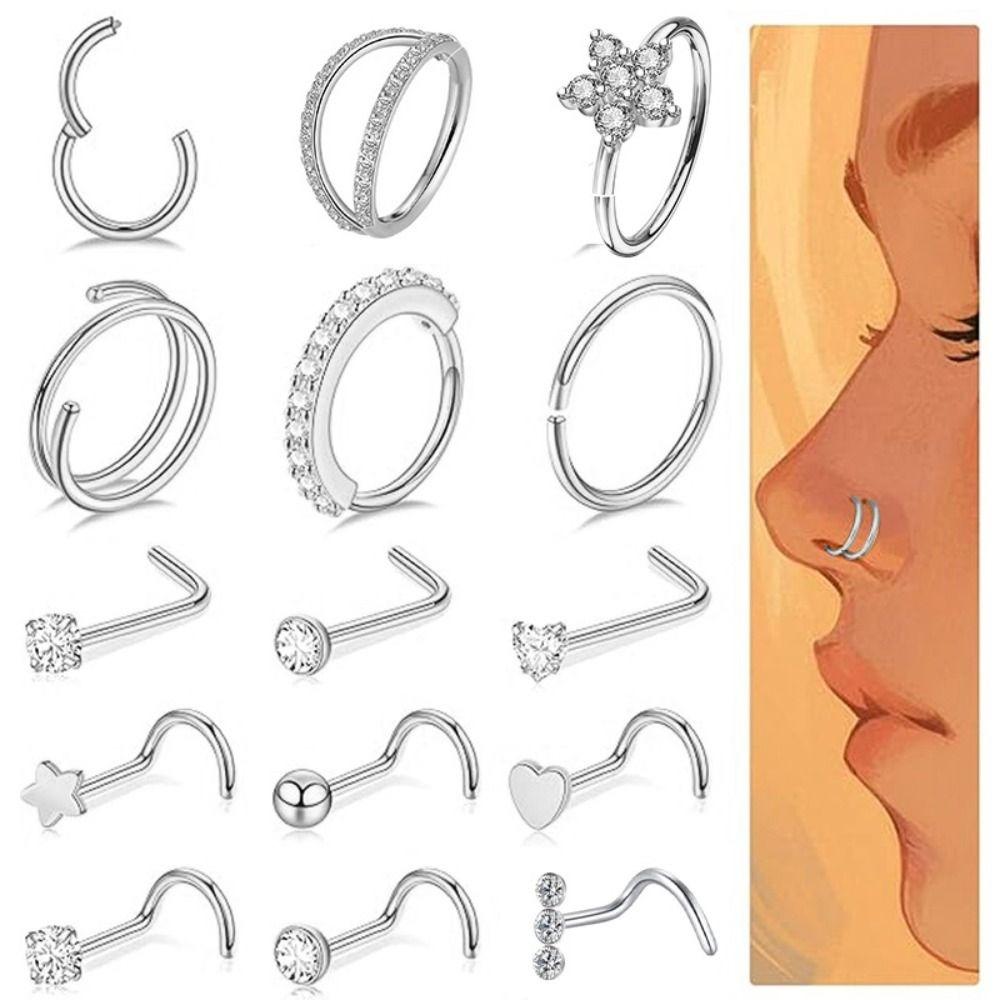 15Pcs L Ring Hoop Double Nose Rings Mixed Body Clips Hoop for Women Men