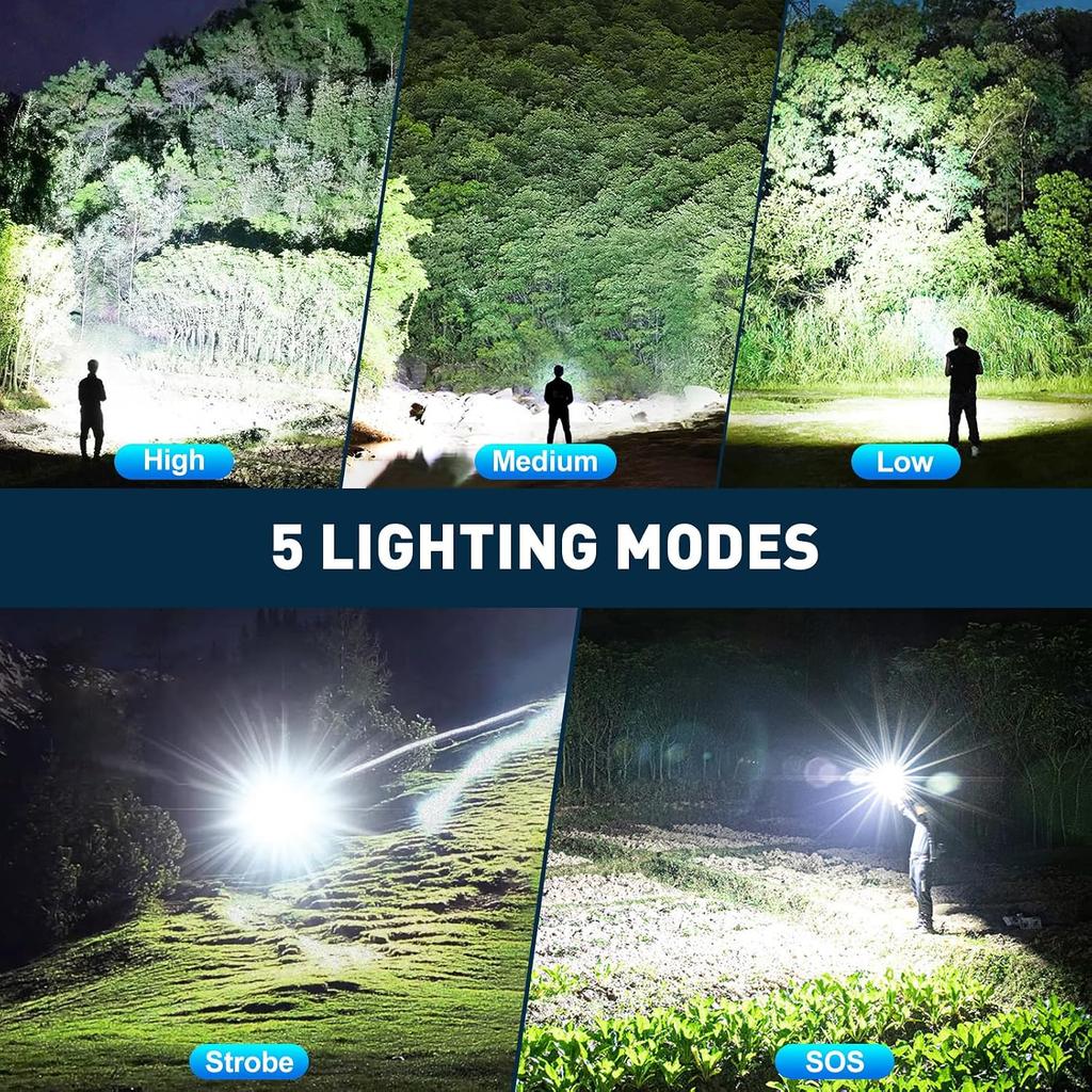 2 Pack Rechargeable Flashlight, 99,000 High Lumens LED Flashlight with 5 Modes, IPX7 Waterproof, Adjustable Focus, Powerful Handheld Flash Light for
