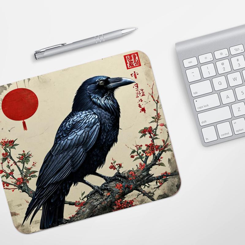 Chinese Ink Wash Crow Art Gaming Mouse Pad Small Deskmat Anti‑slip Lock Edge Speed Mousepad Pc Laptop Gamer Desk Protector