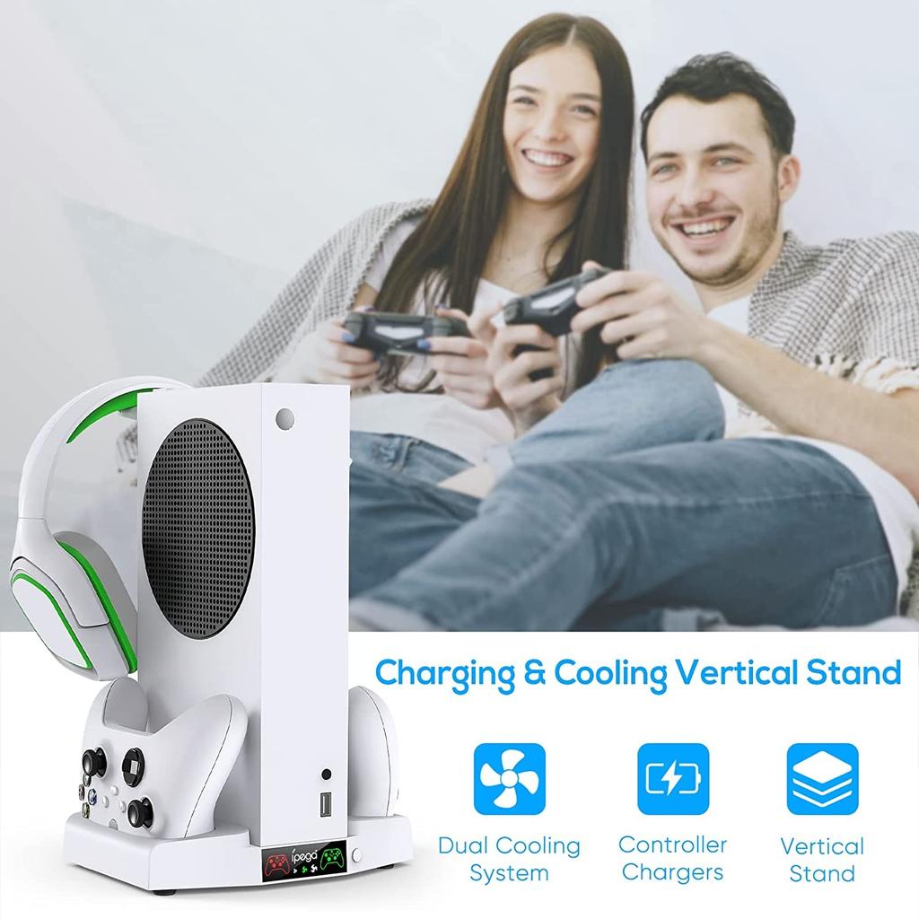 Охлаждающая подставка и зарядная станция для Xbox Series S с RGB-подсветкой, быстрой зарядкой с 2 аккумуляторами емкостью 1400 мАч, креплением для наушников