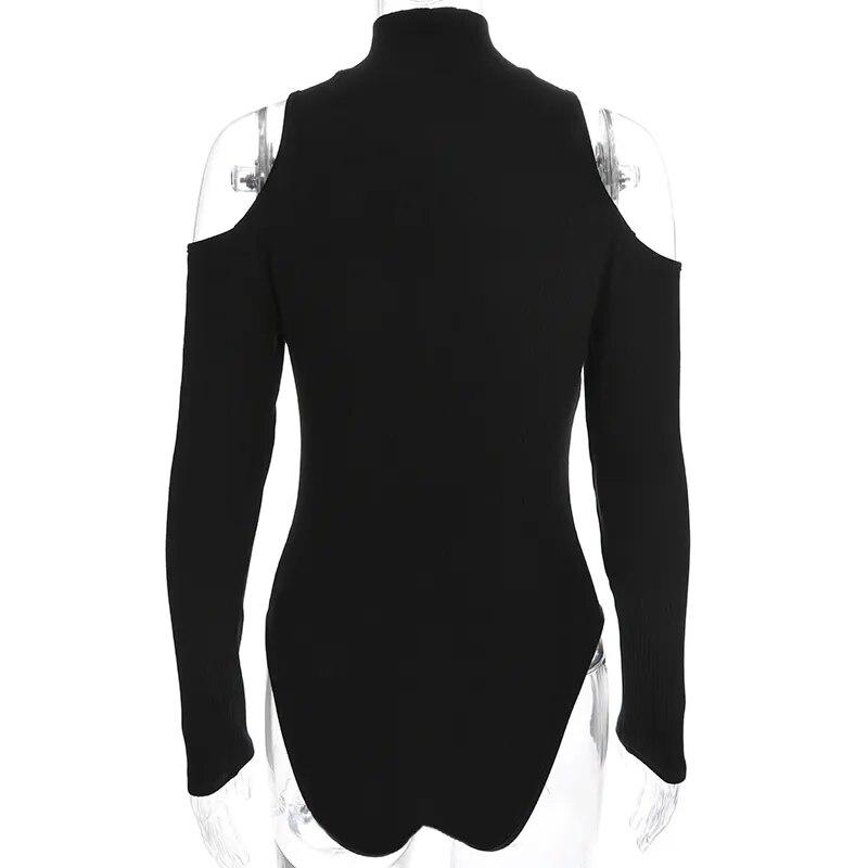 Fashion Ribbed Black Top Tight Off Shoulder Long Sleeve Summer Sexy Zipper Bodysuit Women's Bodysuit