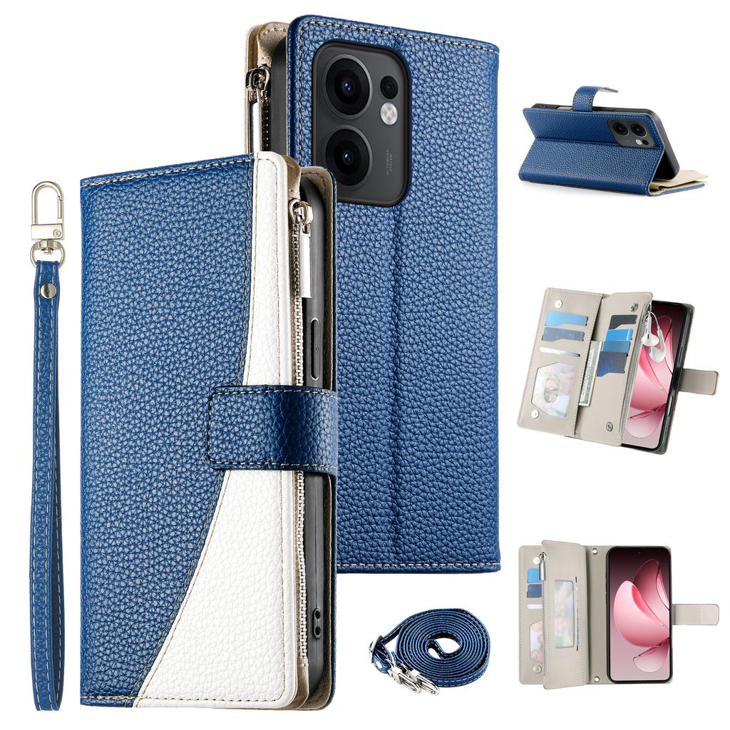 For Oppo Reno13 F 5G Case Zipper Wallet Color Splicing Leather Flip Phone Cover with Straps