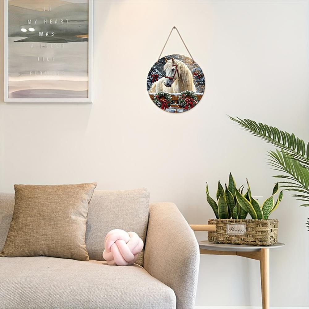 Теплая зимняя деревянная рождественская табличка с узором белой лошади, круглая рождественская табличка для декора на входную дверь или стену, идеальный рождественский подарок