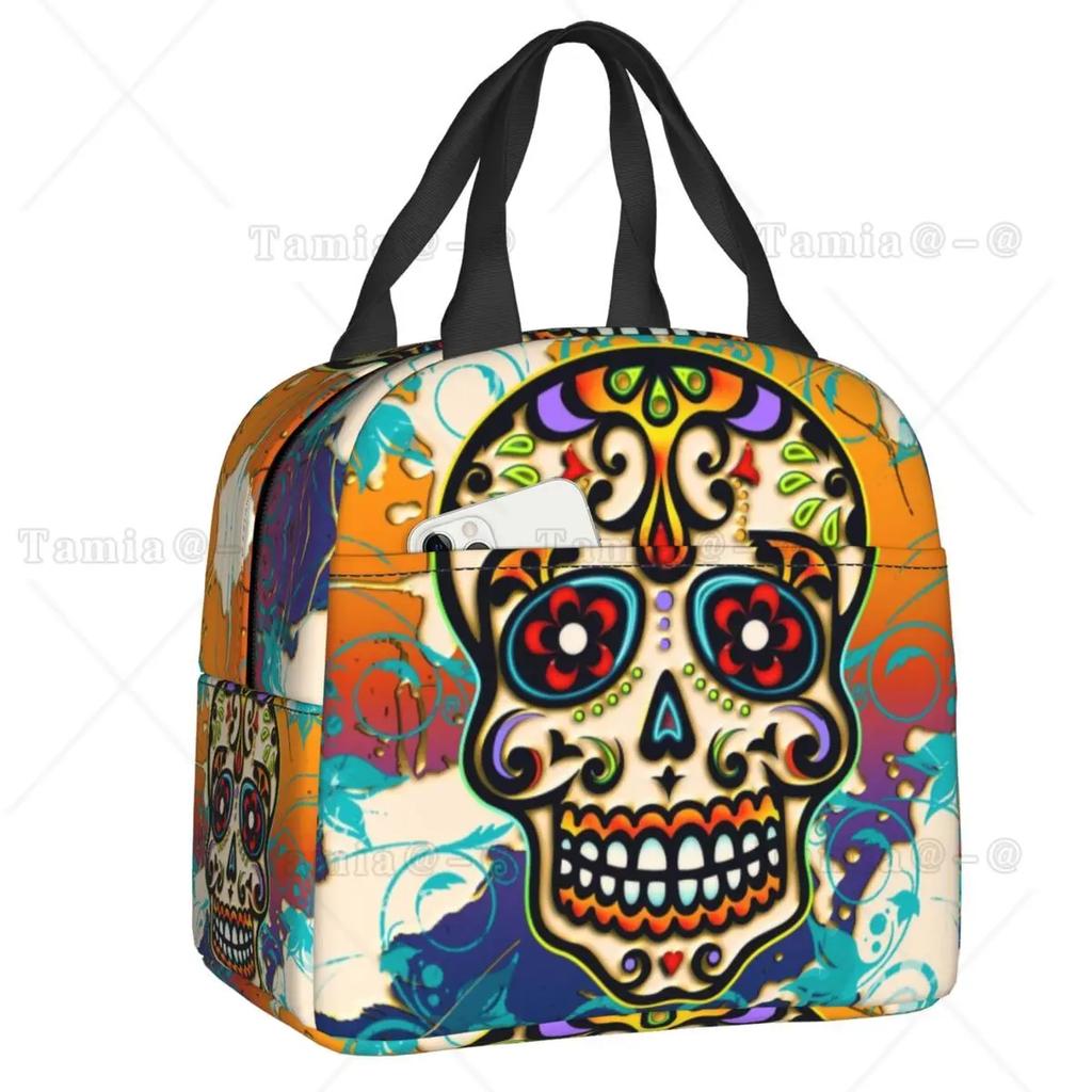 Ланч-бокс с изображением котенка-кошки «Сахарный череп» на День мертвых, многофункциональный мексиканский Хэллоуин, цветочный термохолодильник, сумка для обеда с едой