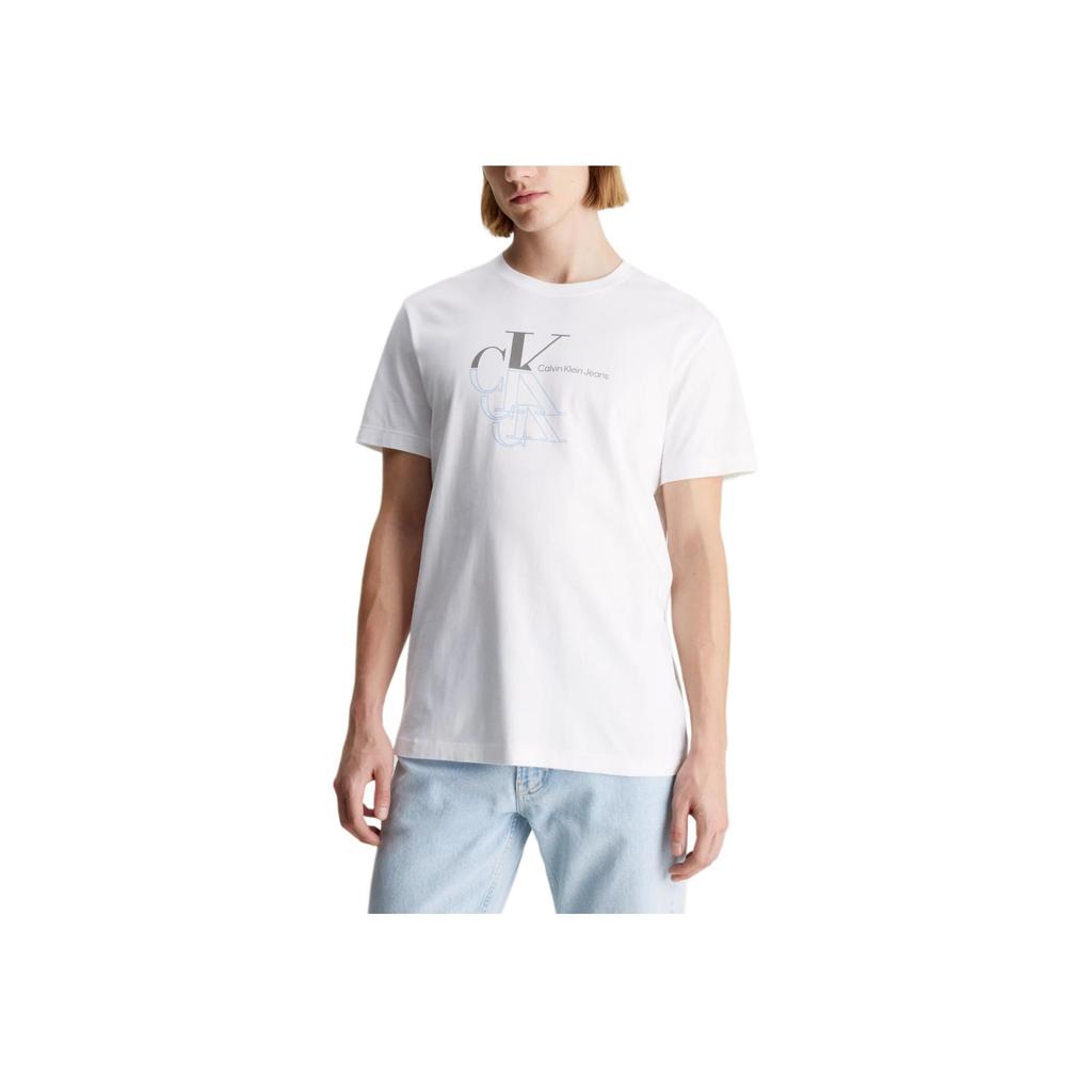 Calvin Klein Two-Tone Letter Print Plain Knit Crew Neck Short Sleeve T-Shirt Men Tops Bright-White J30J325352-YAF