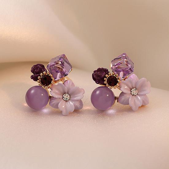 1 Pair Exquisite Charming Women Earrings Gift Rhinestone Purple Flower Stud