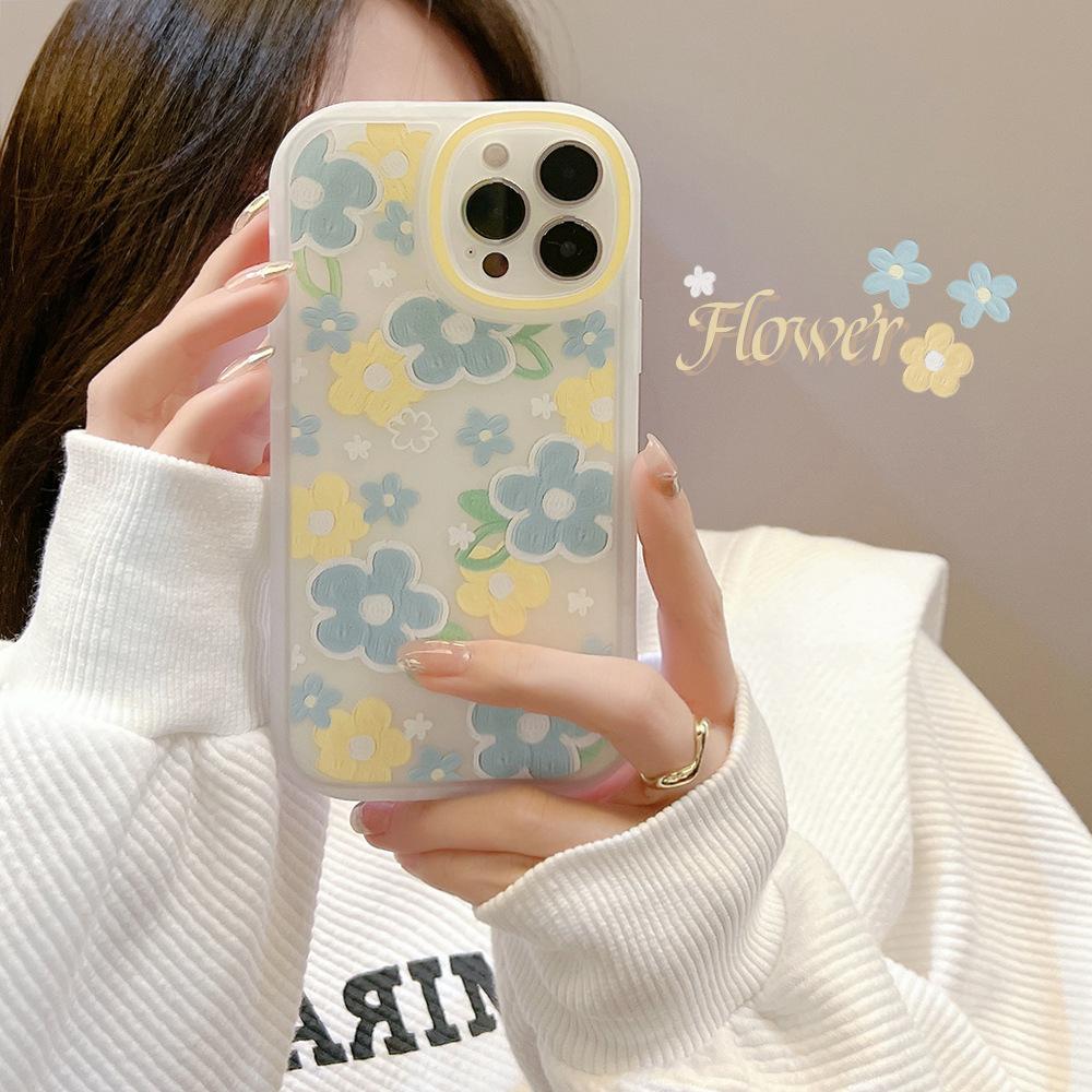 Cute Oil Painting Blue Flower Phone Case for iPhone Aesthetic Floral Strawberry Shockproof Cover, Soft Silicone Protective Case for Women Girls
